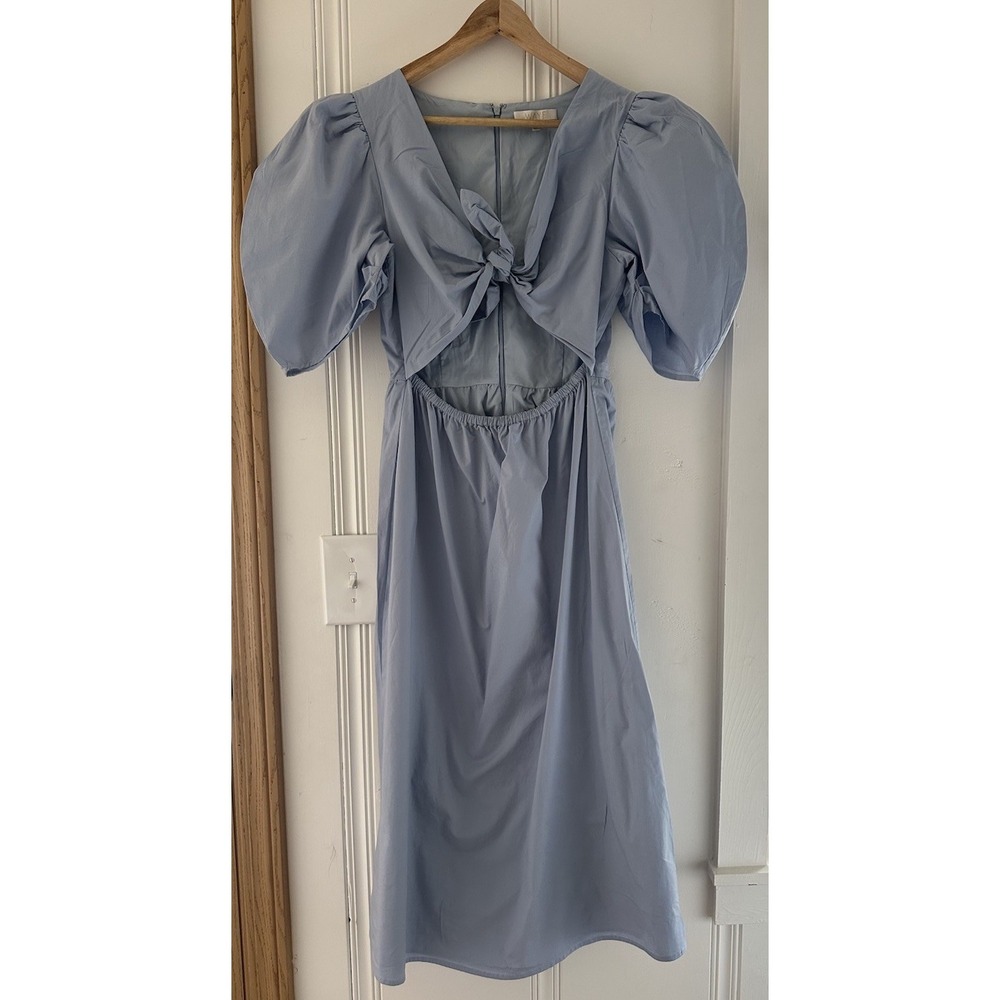 WAYF‎ Women Blue Puff Sleeve Bow Open Back Midi Dress Size M Cottagecore